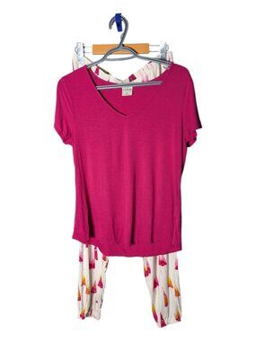 Soma PJ Set Short Sleeve Elastic Cuff Fuchsia/White‎ Trees Rayon Size Small